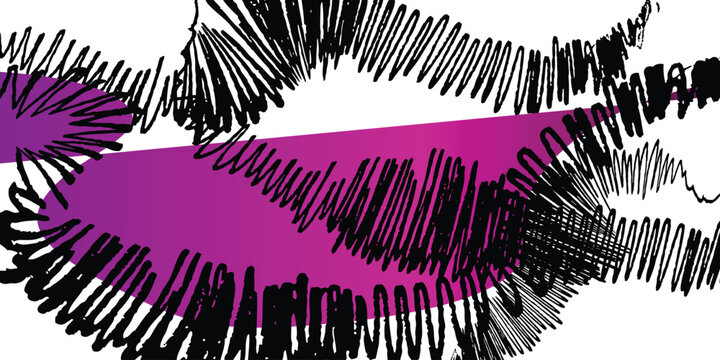 Abstract scribble vector illustration with black hand drawn lines, purple gradient shape on white background, expressive artistic ink strokes for modern graphic design and branding