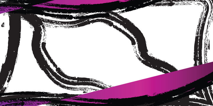 Grunge abstract background with black ink brush strokes, purple paint splatter texture on white backdrop, artistic vector frame for urban posters and creative social media graphics
