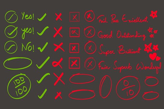 Hand drawn red pen marks showing exam grade with check marks, circles, and plus signs for teacher evaluation and test result school education. Doodle icons correction in hand drawn vector illustration