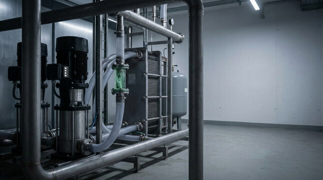 Industrial liquid cooling system with circulation pumps, coolant manifold and heat exchanger for data center server infrastructure. Engineering equipment and preventive maintenance concept.