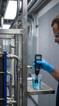 Male cooling specialist testing blue coolant with a digital meter beside industrial pipes and heat exchanger. Data center liquid cooling maintenance, fluid quality inspection and engineering service.