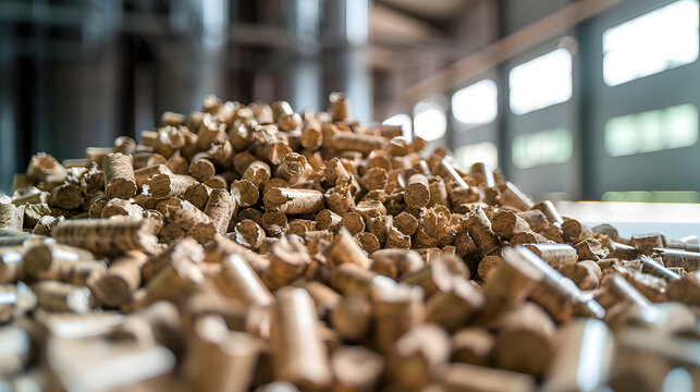 Heap of wooden pellets biomass fuel inside an industrial storage facility