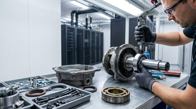 Male cooling specialist maintaining a circulation pump in a data center. Disassembled coolant distribution unit with bearings and tools for liquid cooling system repair and preventive maintenance.