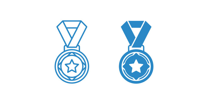 Medal icons blue outline and solid blue depicting award achievement and recognition for sports.