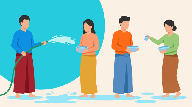 Southeast Asian water festival celebration with people splashing water