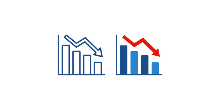 Outline and solid blue bar chart vector icons with red arrow for financial decline data visualization.