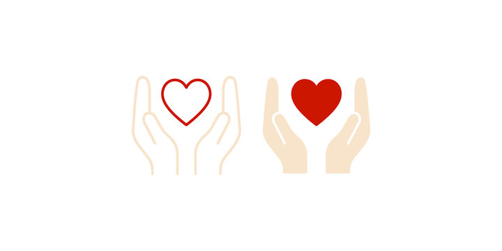 Two sets of hands presenting heart symbols, one outlined and one solid, on a transparent background illustration.