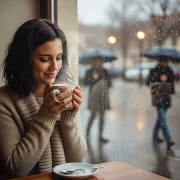 Young Woman Smiling Holding Steaming Coffee Mug Inside Cafe On Rainy Day
