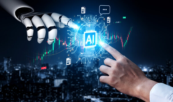 Futuristic financial technology concept features automated robot trader, quantitative analytics, and real-time stock market graph. Represents high frequency trading HFT and wealth management. Corpus
