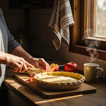 Woman Slicing Fresh Apples to Fill Unbaked Pie Crust on Rustic Kitchen Counter