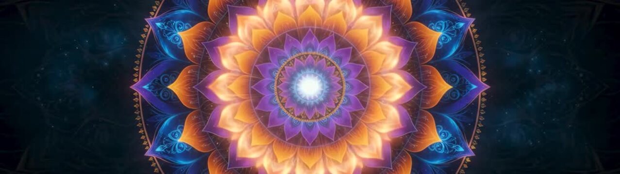 Spiritual mandala pattern with glowing petals meditation and wellness concept abstract sacred geometry background.