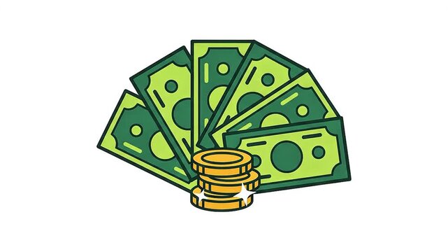 Money Fan and Stack of Sparkling Gold Coins Vector Animation Isolated on White Background