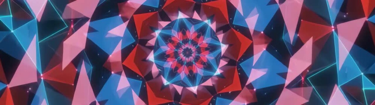 Geometric kaleidoscope pattern with glowing blue and red triangles digital art background for technology and data visualization.