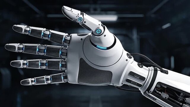 Close-up of a Futuristic White Robotic Hand with Blue LED Lights and Mechanical Detail