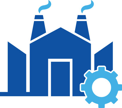 Industrial factory building icon with mechanical gear wheel and manufacturing towers manufacturing plant machinery icon plant vector industrial archi