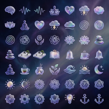 A comprehensive collection of 3D glassmorphism mental health, mindfulness, and wellness vector icons featuring brain, meditation, lotus, and chakra symbols on a dark cosmic background