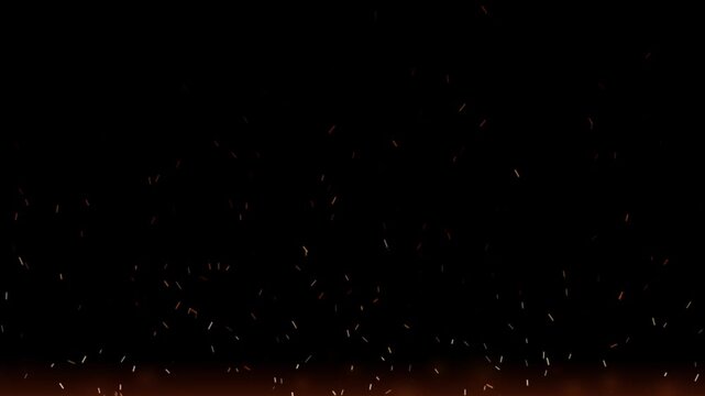 Glowing fire embers rising against black background, overlay effect sparks, floating particles