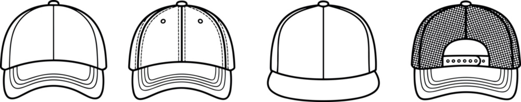 Set of baseball caps and trucker hats vector illustration in black outline style