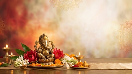 Obraz premium Decorated Lord Ganesha idol with flowers and traditional festive ornaments for Ganesh Chaturthi Hindu festival celebration.