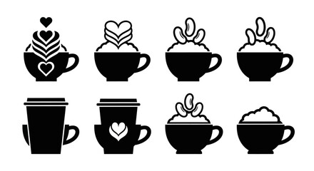 Fototapeta premium Creative coffee cup silhouettes with foam and bean toppings including heart shapes and whipped cream layers for cafe promotional graphics and menu illustration