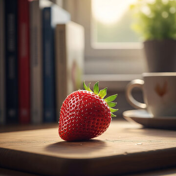 Fresh ripe strawberry on wooden table with books and teacup in sunlight