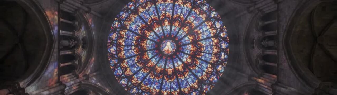 Religious stained glass window spiritual and architectural concept gothic cathedral interior abstract pattern.