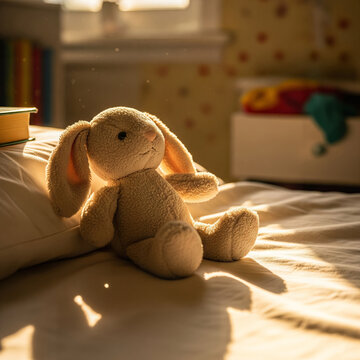 Soft Plush Bunny Rabbit Toy Sitting on Sunlit Child Bedroom Bed
