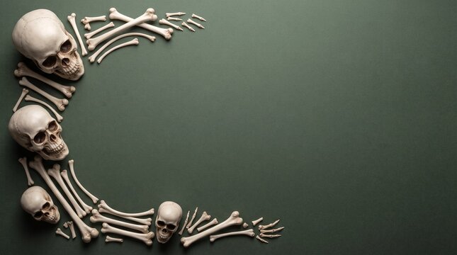 Curved left side arch border of skulls and skeleton bones on dark olive green background top view with copy space