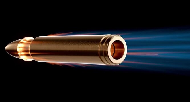 Golden bullet flying at high speed through the air on a black background. Intense muzzle flash, fiery sparks, and a blue motion trail illustrate the powerful ballistic trajectory of the projectile