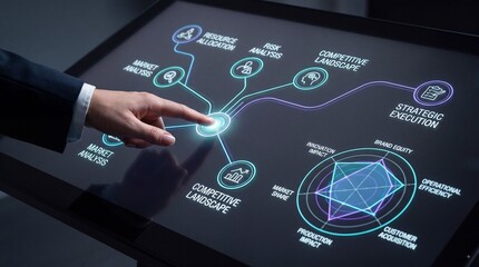 Obraz premium Business strategy planning on futuristic touchscreen dashboard