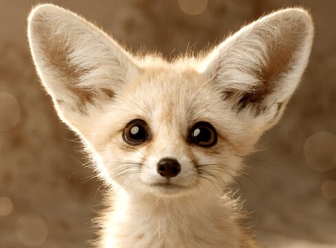 Close-up portrait of a cute Fennec fox with large ears and expressive eyes, soft natural lighting