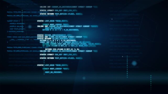 Cyan digital code and binary data scrolling over a dark perspective wireframe background with glowing light rays loop