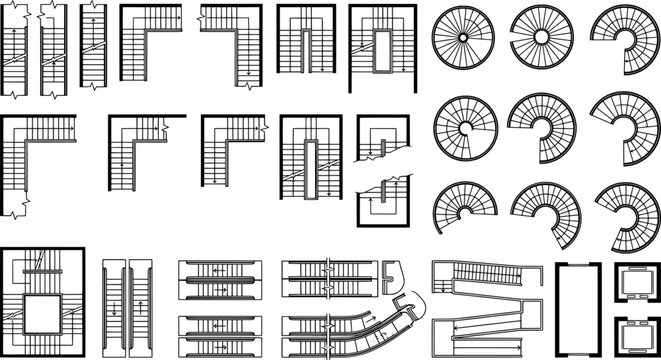 Set of architectural floor plan symbols for stairs and elevators, top view collection for interior design and construction projects