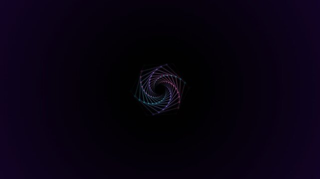 Abstract geometric spiral made of glowing neon dots on dark background