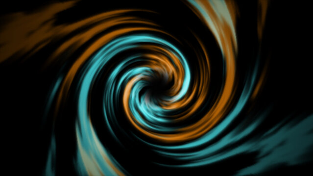 Futuristic abstract vortex with flowing cyan and golden-orange light trails spiraling into a central point against a dark black background. Suitable for technology, energy, digital motion, futuristic 