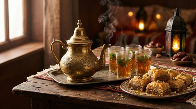 Traditional Arabic Tea Set with Baklava and Glasses on Wooden Table