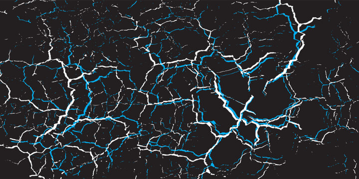 Blue, white, and black cracked ground pattern texture, abstract ice fissure or lightning fracture, vector illustration.