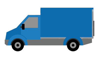 Fototapeta premium Stylized blue commercial box truck with simplified geometric design, isolated on white background. Logistics and delivery concept