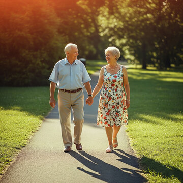 Happy senior couple holding hands walking together on sunny park pathway smiling
