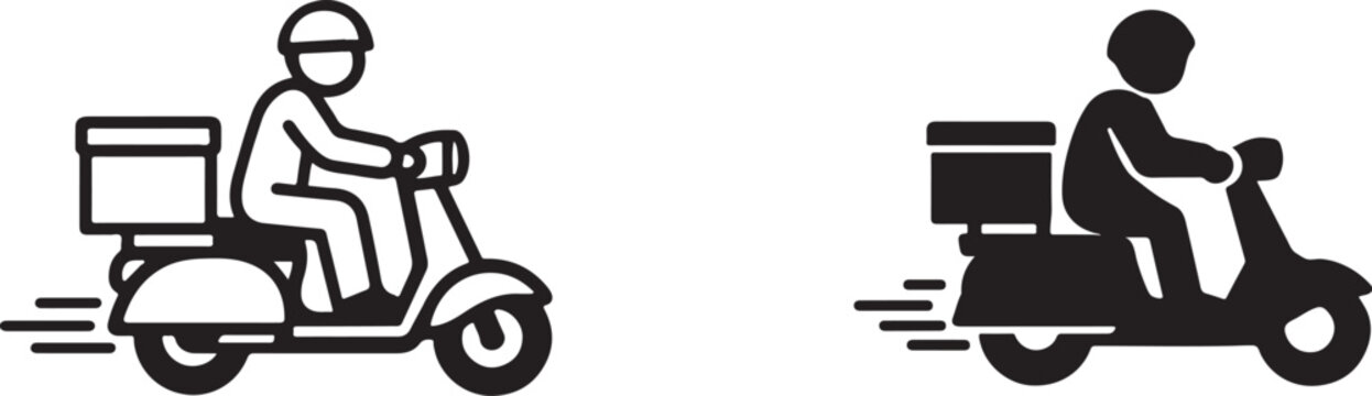   Black and white delivery man riding motorcycle icon collection for websites, logistics, courier and services.