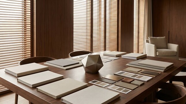 Modern interior design concept with sample materials, mood boards, and strategy de marca presentation on table.