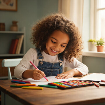 Smiling young girl with curly hair draws using colorful crayons at home.