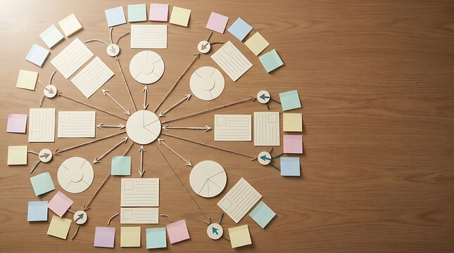 Un plan de estrategia de marca visualizado con notas adhesivas en una mesa