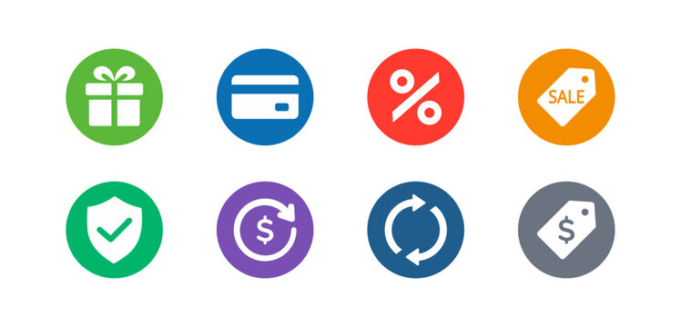 Ecommerce icon set with sale, discount, secure payment, cashback, refund and price tag symbols. Colored Payment and pricing icons for shopping app and web interfaces