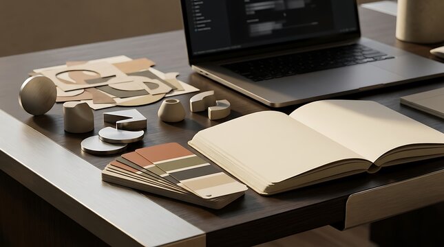 Creative workplace setup for estrategia de marca featuring color swatches, design notes, and laptop computer.