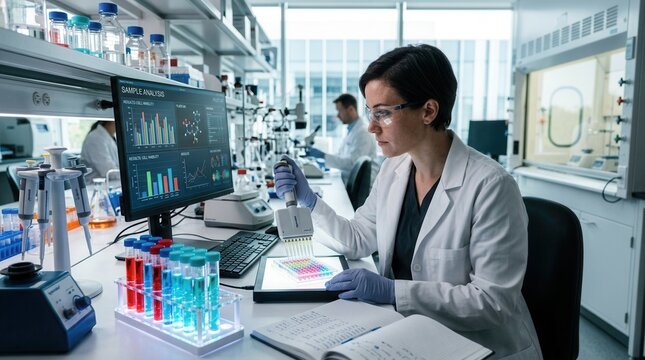 Scientist Analyzing Data In Modern Laboratory With Equipment Visible