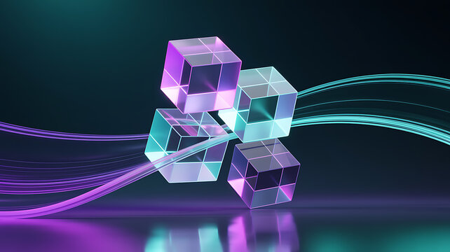 Four transparent glass cubes interconnected by glowing fiber optic cables on dark blue background.