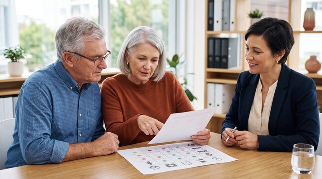 Retired couple reviews health insurance coverage with advisor, creating clear image about retirement medical costs, protection and long-term financial healthcare planning.