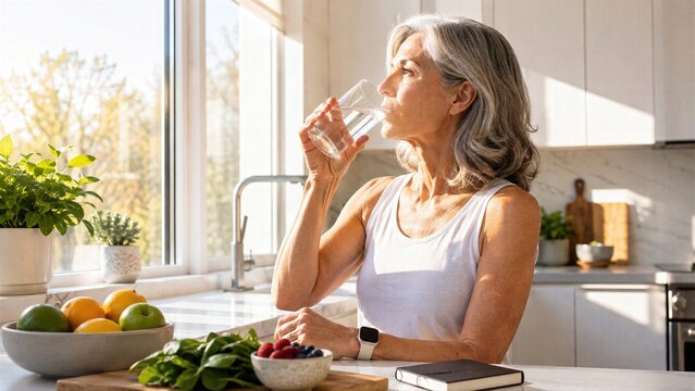 Morning sunlight and simple glass of water create broad wellness image around body clock support, energy, self care and healthy habits after 50.