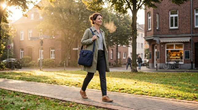Professional busy woman walks in early sunlight before work, wellness, linking circadian rhythm, movement, mental clarity and healthy morning routine in one readable scene.